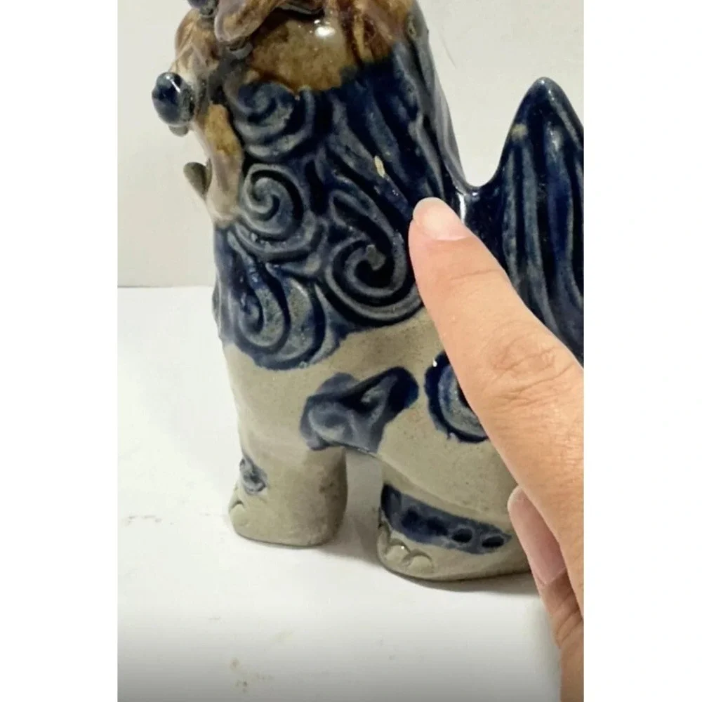 Vintage Japanese Foo Dogs Ceramic Pair Blue‎ 6 Inch Figurine